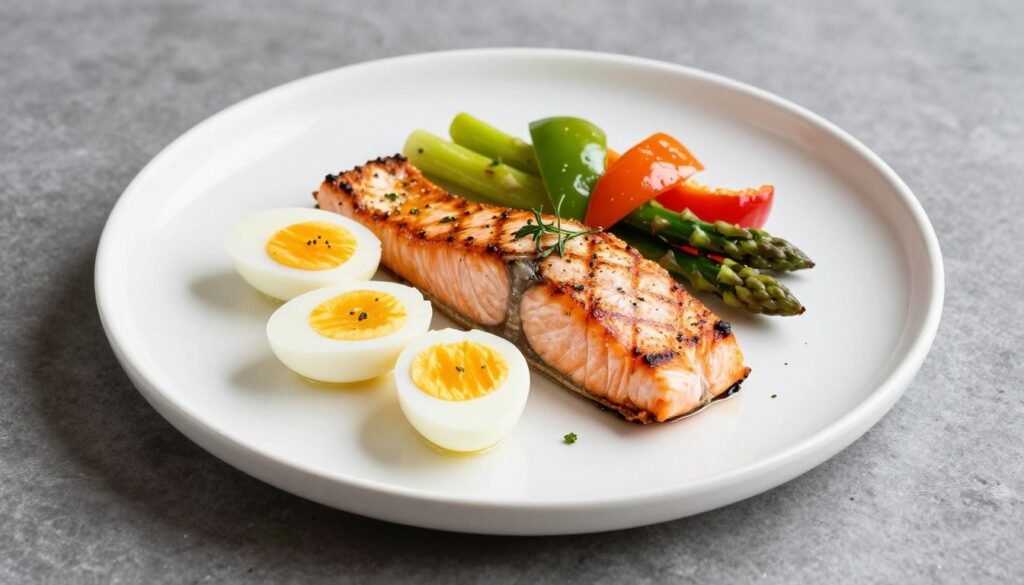 boiled egg diet recipes dinner plate with grilled fish eggs and vegetables